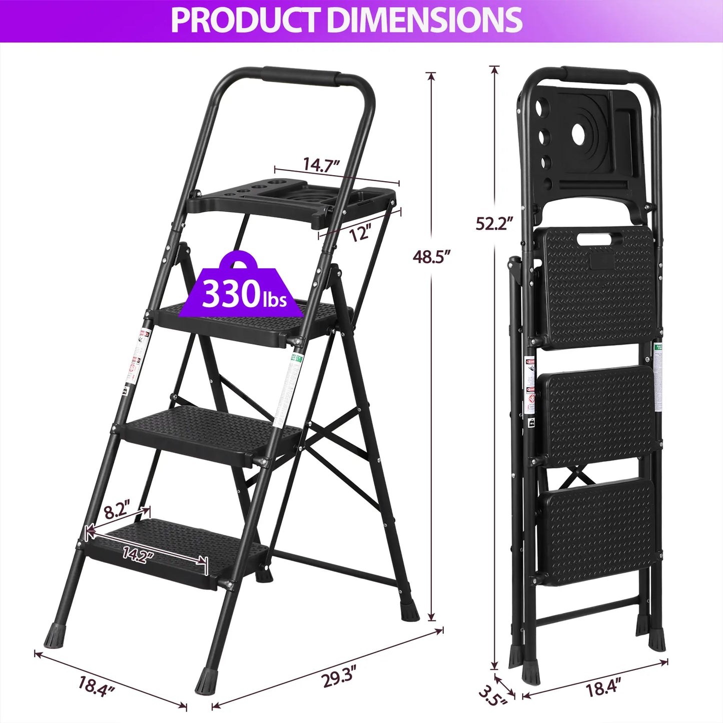 3/4/5 Step Folding Steel Ladder, Non-Slip Stool with Handrails & Tool Tray