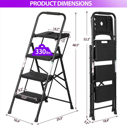 3/4/5 Step Folding Steel Ladder, Non-Slip Stool with Handrails & Tool Tray