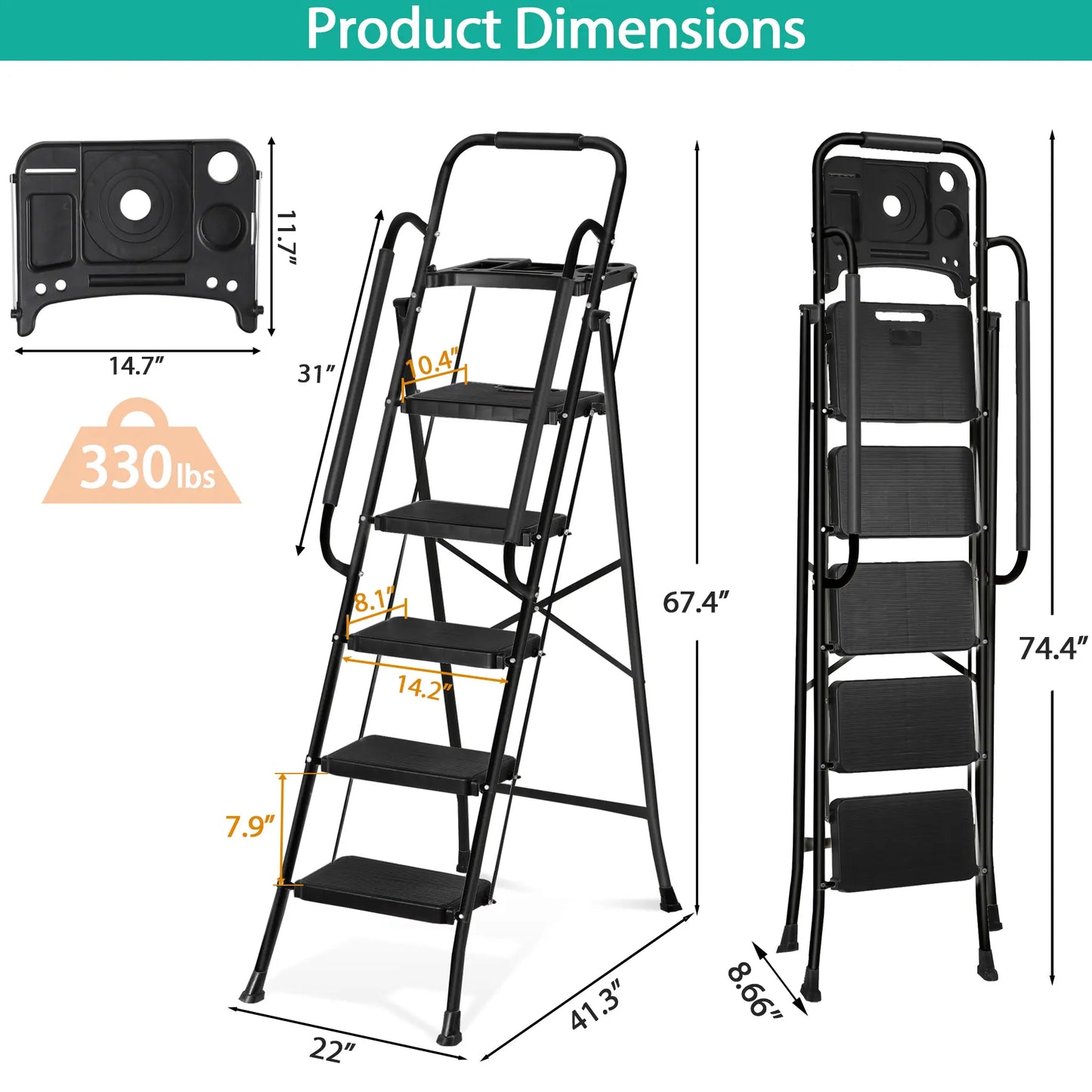 3/4/5 Step Folding Steel Ladder, Non-Slip Stool with Handrails & Tool Tray