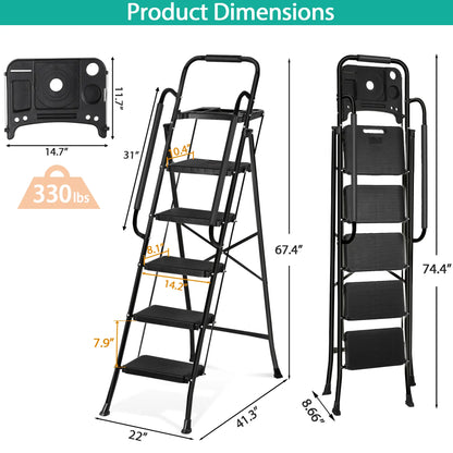 3/4/5 Step Folding Steel Ladder, Non-Slip Stool with Handrails & Tool Tray