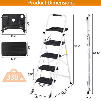 3/4/5 Step Folding Steel Ladder, Non-Slip Stool with Handrails & Tool Tray