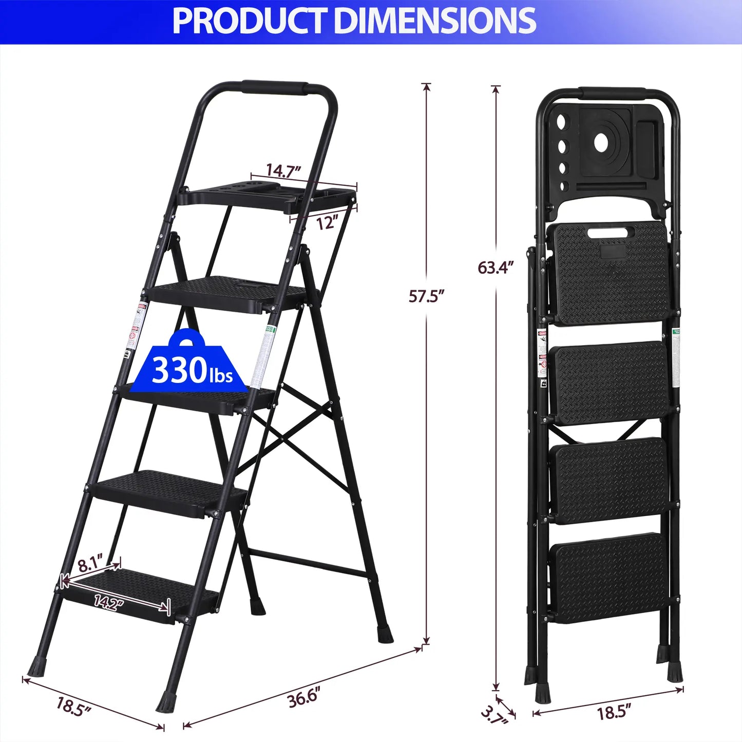 3/4/5 Step Folding Steel Ladder, Non-Slip Stool with Handrails & Tool Tray