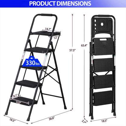 3/4/5 Step Folding Steel Ladder, Non-Slip Stool with Handrails & Tool Tray
