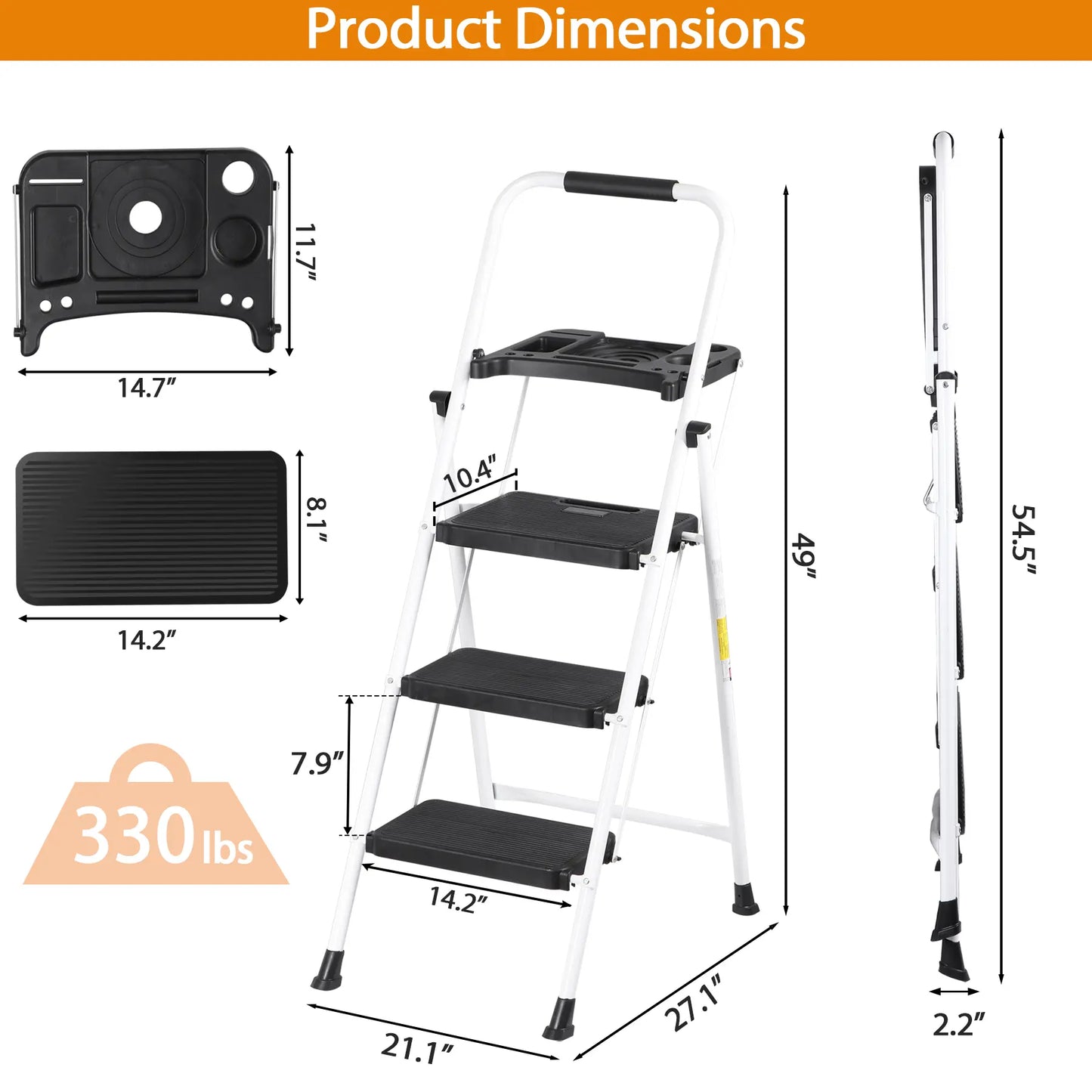 3/4/5 Step Folding Steel Ladder, Non-Slip Stool with Handrails & Tool Tray