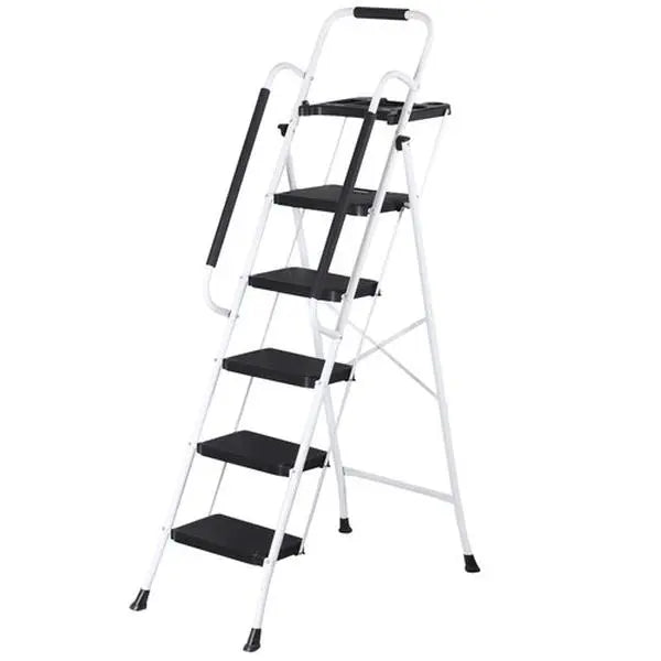 3/4/5 Step Folding Steel Ladder, Non-Slip Stool with Handrails & Tool Tray