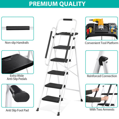 3/4/5 Step Folding Steel Ladder, Non-Slip Stool with Handrails & Tool Tray