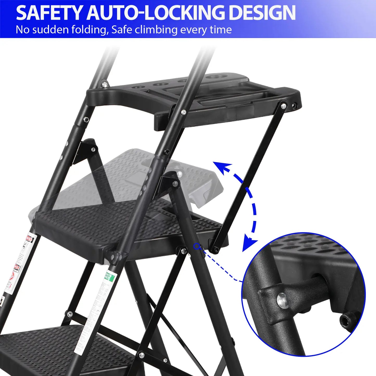 3/4/5 Step Folding Steel Ladder, Non-Slip Stool with Handrails & Tool Tray