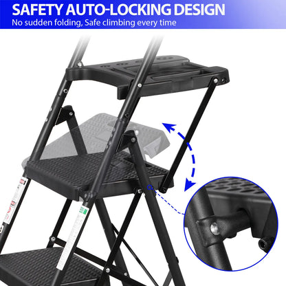 3/4/5 Step Folding Steel Ladder, Non-Slip Stool with Handrails & Tool Tray