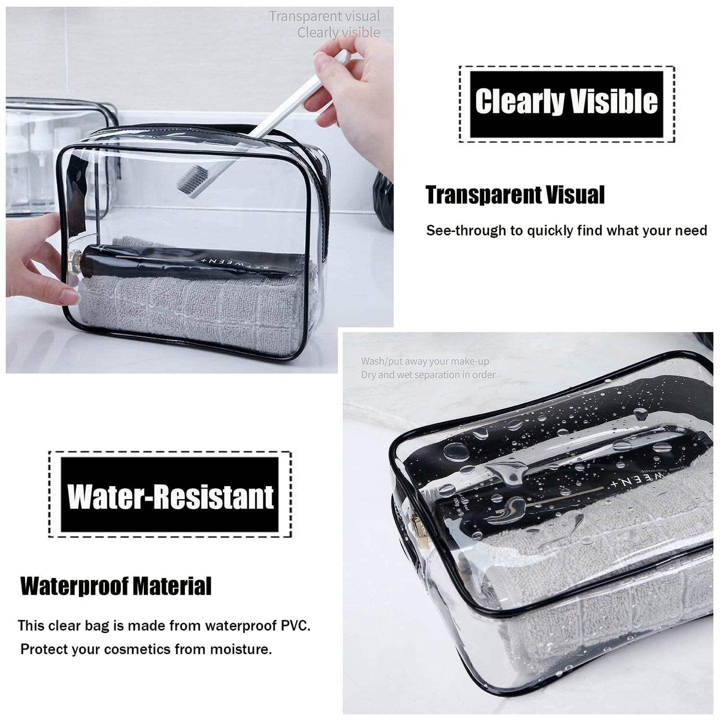 3-Piece Clear Toiletry Bag Set