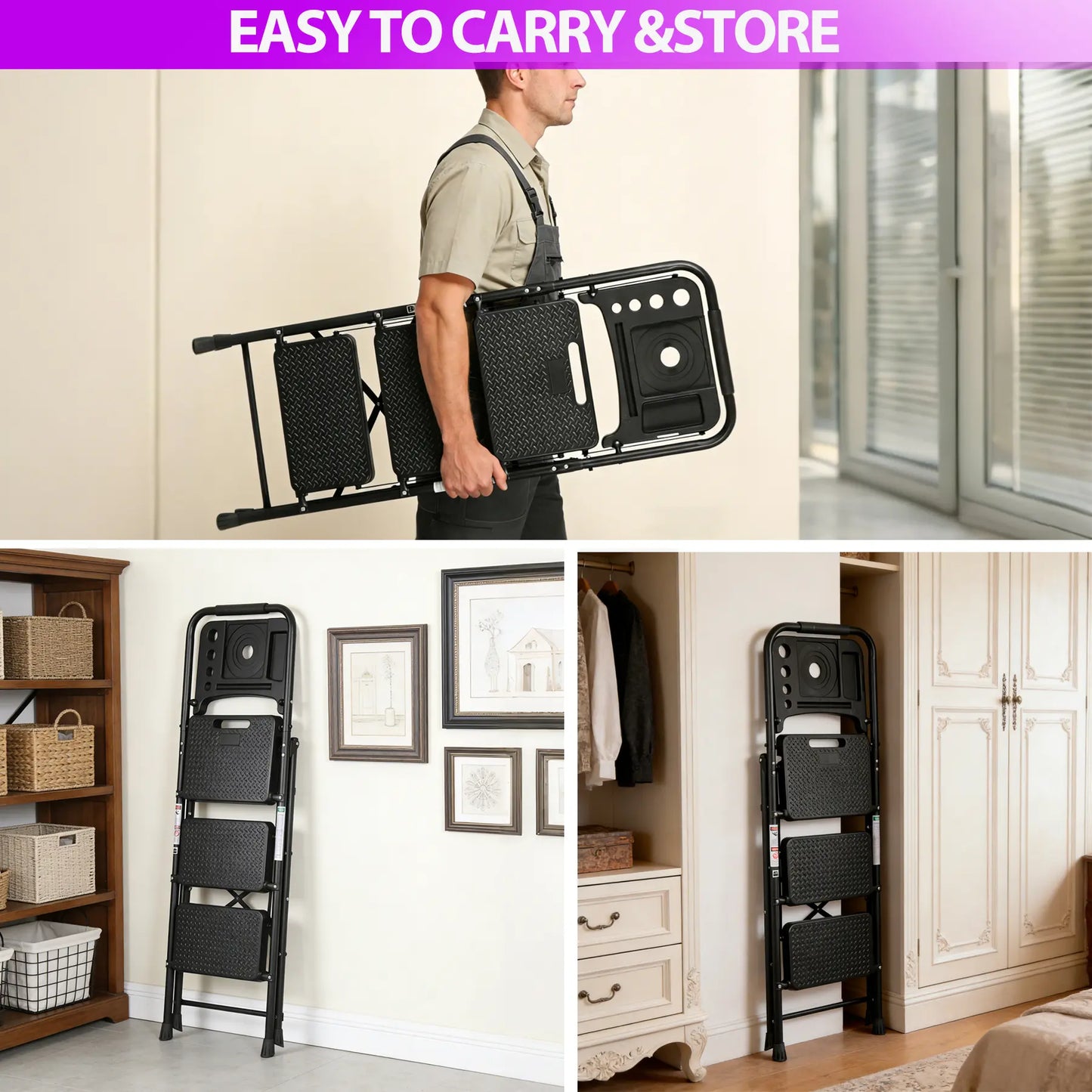 3/4/5 Step Folding Steel Ladder, Non-Slip Stool with Handrails & Tool Tray